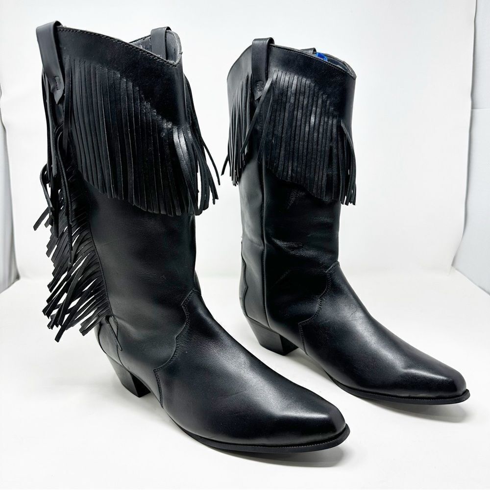 Vintage Fringe Black Leather Cowboy Western Boots Womans 9